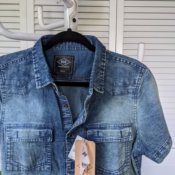ROK Brand New Denim Short Sleeve Shirt Vintage Wash Size Small 455 - Picture 3 of 5